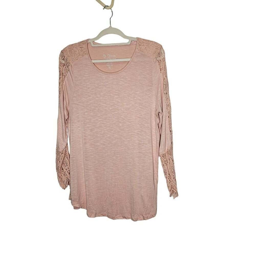 Chico's Women's Light Pink Crochet Long Sleeve‎ Top SZ 2 M Rayon Spandex Stretch
